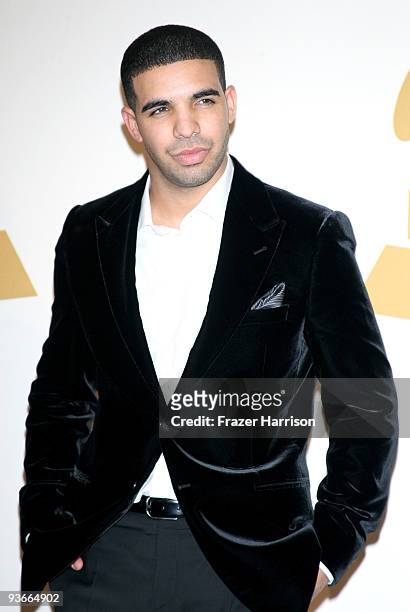 Rapper Drake poses in the press room during The GRAMMY Nominations Concert Live! at the Club Nokia on December 2, 2009 in Los Angeles, California.