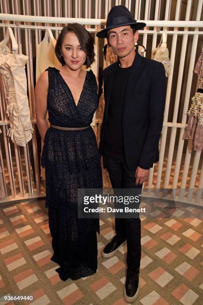 Zelda Williams and Han Chong, Self-Portrait Founder and Creative Director, attend the Self-Portrait store opening cocktail party on March 22, 2018 in...