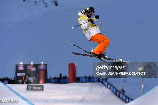 Alex Ferreira competes in the men's ski superpipe final of the Ultimate Ears Freestyle Tour, final of the World Cup, in the French Alpine resort of...