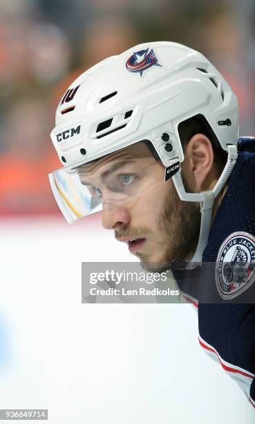 Alexander Wennberg of the Columbus Blue Jackets looks on against the Philadelphia Flyers on March 15, 2018 at the Wells Fargo Center in Philadelphia,...