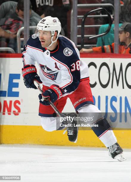 Boone Jenner of the Columbus Blue Jackets skates against the Philadelphia Flyers on March 15, 2018 at the Wells Fargo Center in Philadelphia,...