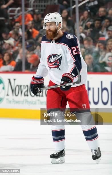 Ian Cole of the Columbus Blue Jackets skates against the Philadelphia Flyers on March 15, 2018 at the Wells Fargo Center in Philadelphia,...
