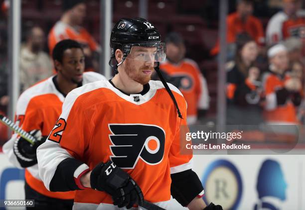 Michael Raffl of the Philadelphia Flyers warms up prior to his game against the Columbus Blue Jackets on March 15, 2018 at the Wells Fargo Center in...