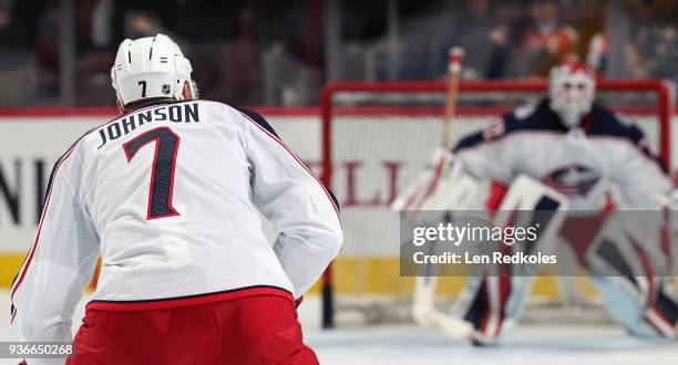 Jack Johnson of the Columbus Blue Jackets warms up prior to his game against the Philadelphia Flyers on March 15, 2018 at the Wells Fargo Center in...