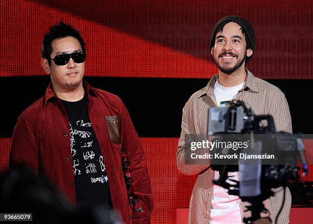 Musicians Mike Shinoda and Joe Hahn of Linkin Park present onstage during The GRAMMY Nominations Concert Live! at Club Nokia on December 2, 2009 in...