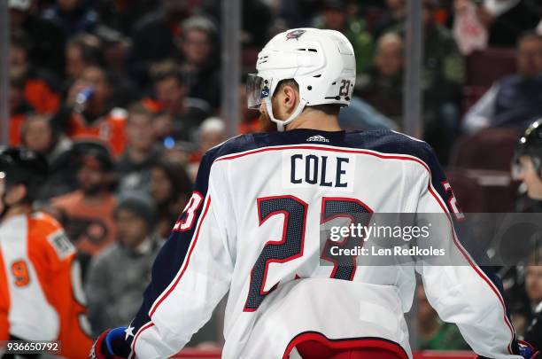 Ian Cole of the Columbus Blue Jackets looks on against the Philadelphia Flyers on March 15, 2018 at the Wells Fargo Center in Philadelphia,...