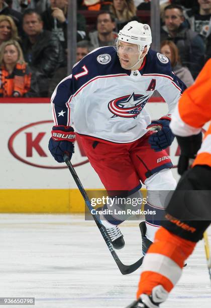 Jack Johnson of the Columbus Blue Jackets skates against the Philadelphia Flyers on March 15, 2018 at the Wells Fargo Center in Philadelphia,...