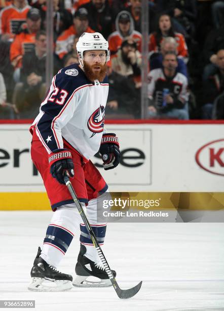 Ian Cole of the Columbus Blue Jackets skates back on defense against the Philadelphia Flyers on March 15, 2018 at the Wells Fargo Center in...