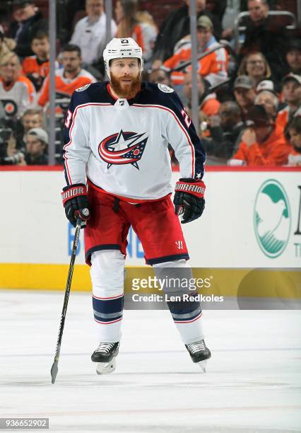 Ian Cole of the Columbus Blue Jackets skates back on defense against the Philadelphia Flyers on March 15, 2018 at the Wells Fargo Center in...