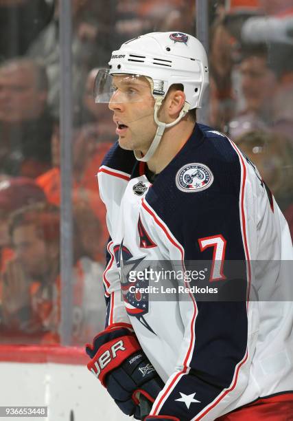 Jack Johnson of the Columbus Blue Jackets looks on behind the net against the Philadelphia Flyers on March 15, 2018 at the Wells Fargo Center in...