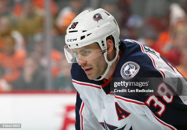 Boone Jenner of the Columbus Blue Jackets looks on against the Philadelphia Flyers on March 15, 2018 at the Wells Fargo Center in Philadelphia,...