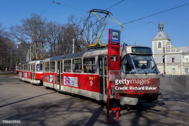 Double tram at the stop opposite the Prague Industrial Exhibition Palace in Holesovice district in Prague 7, on 20th March in Prague, the Czech...