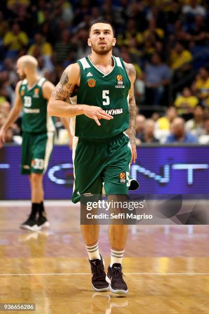 Mike James, #5 of Panathinaikos Superfoods Athens celebrating during the 2017/2018 Turkish Airlines EuroLeague Regular Season Round 28 game between...