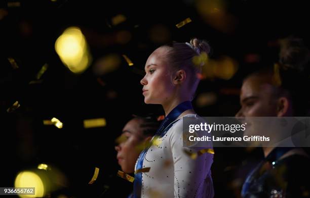 Winner of the gold medal, Angelina Melnikova of Russia celebrates on the podium during day two of the 2018 Gymnastics World Cup at Arena Birmingham...