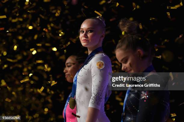 Winner of the gold medal, Angelina Melnikova of Russia celebrates on the podium during day two of the 2018 Gymnastics World Cup at Arena Birmingham...