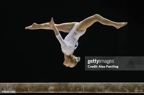 Angelina Melnikova of Russia competes on the beam during day two of the 2018 Gymnastics World Cup at Arena Birmingham on March 22, 2018 in...