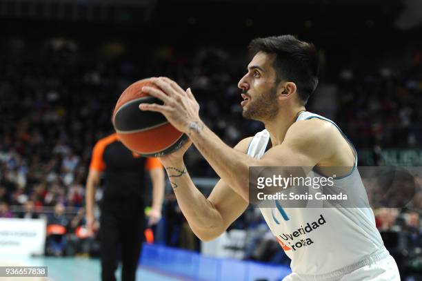 Facundo Campazzo, #11 center of Real Madrid during the 2017/2018 Turkish Airlines Euroleague Regular Season Round 28 game between Real Madrid and...