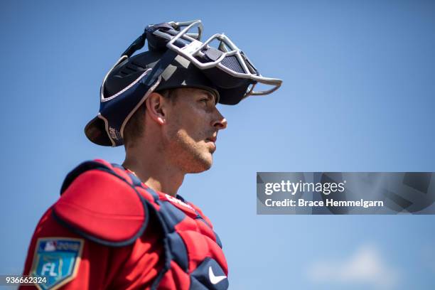 Jason Castro of the Minnesota Twins looks on during a spring training game against the Baltimore Orioles on March 6, 2018 at the Hammond Stadium in...