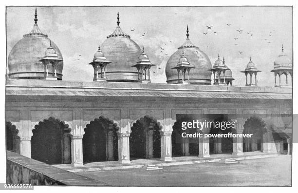 ilustrações, clipart, desenhos animados e ícones de moti masjid no forte de agra em agra, india - era britânica - moti masjid mosque
