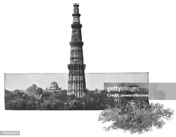 the qutub minar in delhi, india - british era - qutab minar stock illustrations