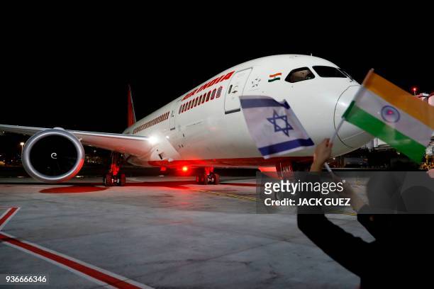 Boeing 787 flight number AI139 of Indian national carrier Air India, from New Delhi, performs manoeuvres on the tarmac at Ben Gurion International...