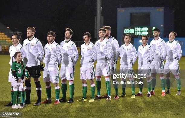 Dublin , Ireland - 22 March 2018; The Republic of Ireland team during the national anthem prior to the U21 International Friendly match between...