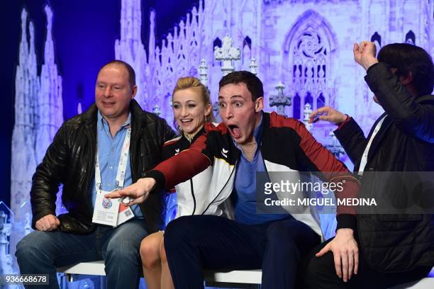 Germany's Aljona Savchenko and Bruno Massot react on March 22, 2018 during the Pairs Free figure skating at the the Milano World League Figure...