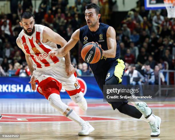 Kostas Sloukas of Fenerbahce in action against Branko Lazic of Crvena Zvezda during the 2017/2018 Turkish Airlines EuroLeague Regular Season Round 28...