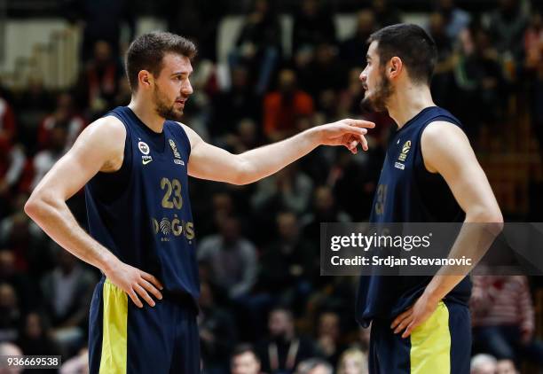 Marko Guduric and Nikola Kalinic of Fenerbahce talk during the 2017/2018 Turkish Airlines EuroLeague Regular Season Round 28 game between Crvena...