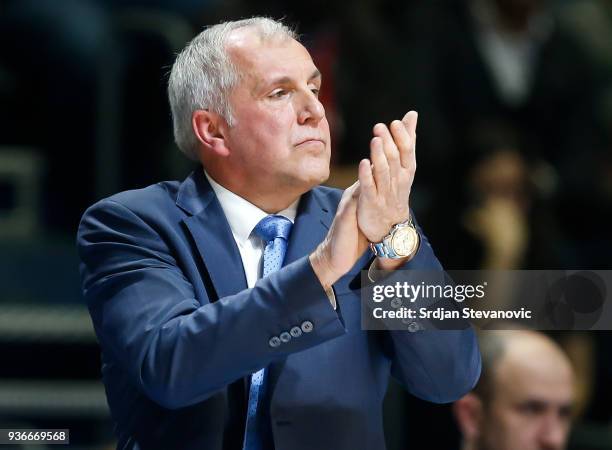 Head coach Zeljko Obradovic of Fenerbahce reacts during the 2017/2018 Turkish Airlines EuroLeague Regular Season Round 28 game between Crvena Zvezda...