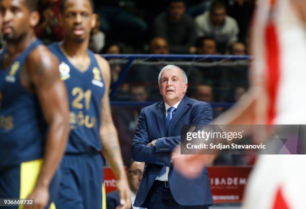 Head coach Zeljko Obradovic of Fenerbahce looks on during the 2017/2018 Turkish Airlines EuroLeague Regular Season Round 28 game between Crvena...