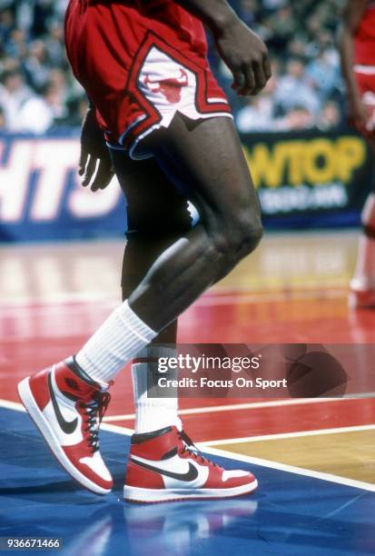 Detailed view of the Nike Air Jordan's 1's worn by Michael Jordan of the Chicago Bulls against the Washington Bullets during an NBA basketball game...