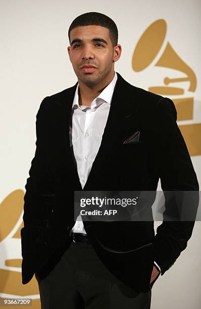 Drake poses during the Grammy Nominations Concert in Los Angeles on December 2, 2009. The 52 annual Grammy Awards will take place on January 3, 2010....