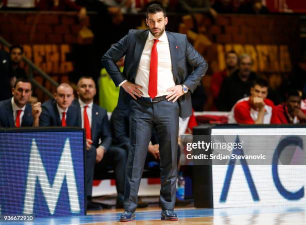 Head coach Dusan Alimpijevic of Crvena Zvezda looks on during the 2017/2018 Turkish Airlines EuroLeague Regular Season game between Crvena Zvezda mts...