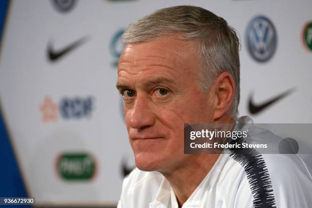 France Head Coach Didier Deschamps attends a press conference before the friendly match between France and Colombia on March 22, 2018 in Paris,...