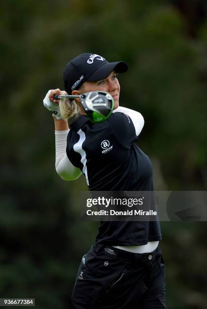 Madelene Sagstrom of Sweden tees off the 2nd hole during Round One of the LPGA KIA CLASSIC at the Park Hyatt Aviara golf course on March 22, 2018 in...