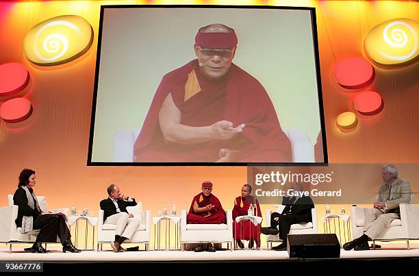 Natasha Mitchell, Dr. Marc Hauser, His Holiness the Dalai Lama, Martin Seligman and Dr. B. Alan Wallace onstage during a 'The Mind & Its Potential'...