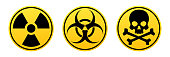 Danger yellow vector signs. Radiation sign, Biohazard sign, Toxic sign.
