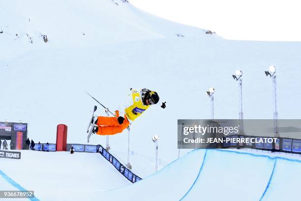 Alex Ferreira competes in the men's ski superpipe final of the Ultimate Ears Freestyle Tour, final of the World Cup, in the French Alpine resort of...