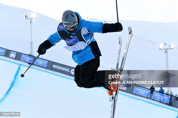 France Thomas Krief competes in the men's ski superpipe final of the Ultimate Ears Freestyle Tour, final of the World Cup, in the French Alpine...