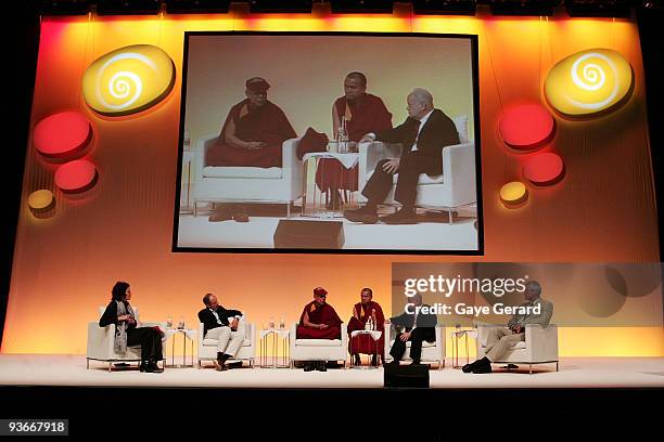 Natasha Mitchell, Dr Marc Hauser, His Holiness the Dalai Lama, Martin Seligman and Dr B. Alan Wallace onstage during a 'The Mind & Its Potential'...