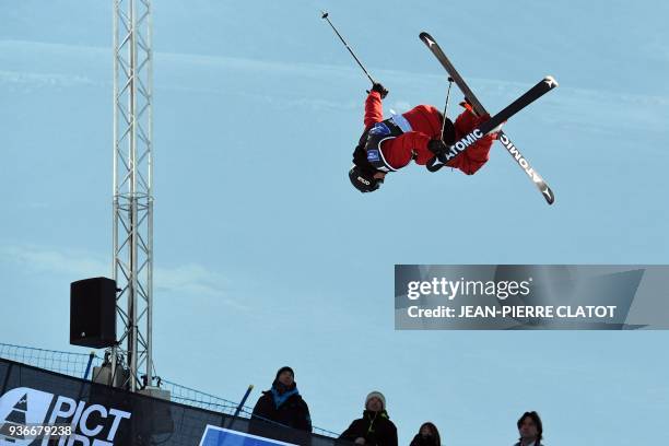 Birk Irwing competes in the men's ski superpipe final of the Ultimate Ears Freestyle Tour, final of the World Cup, in the French Alpine resort of...