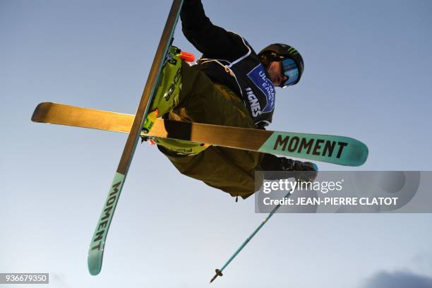 David Wise competes in the men's ski superpipe final of the Ultimate Ears Freestyle Tour, final of the World Cup, in the French Alpine resort of...