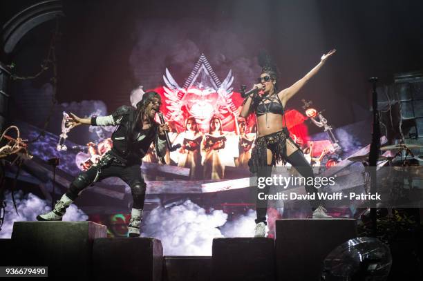 Frah and Samaha Sam from Shaka Ponk perform at AccorHotels Arena on March 22, 2018 in Paris, France.
