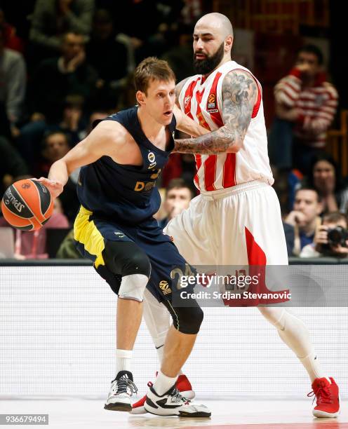 Jan Vesely of Fenerbahce in action against Pero Antic of Crvena Zvezda during the 2017/2018 Turkish Airlines EuroLeague Regular Season Round 28 game...