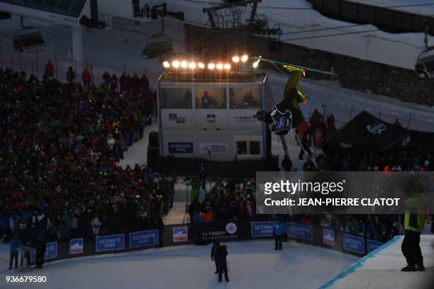 David Wise competes in the men's ski superpipe final of the Ultimate Ears Freestyle Tour, final of the World Cup, in the French Alpine resort of...