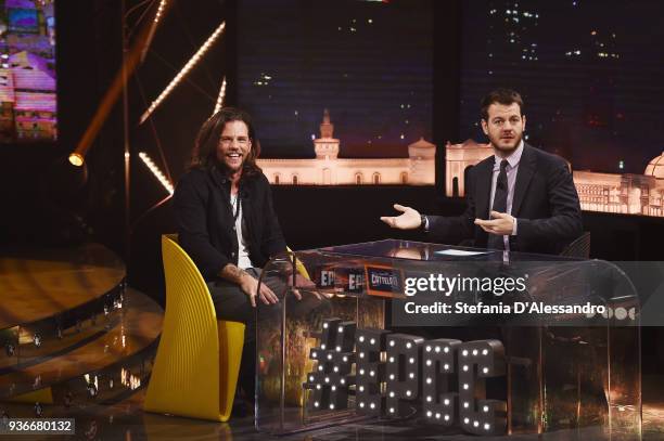 Enrico Nigiotti and Alessandro Cattelan attend 'E Poi C'e' Cattelan' TV Show on March 22, 2018 in Milan, Italy.