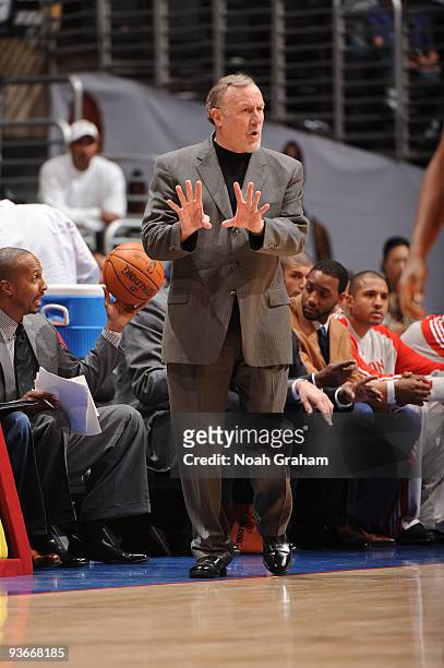 Head coach Rick Adelman of the Houston Rockets directs his team against the Los Angeles Clippers at Staples Center on December 2, 2009 in Los...