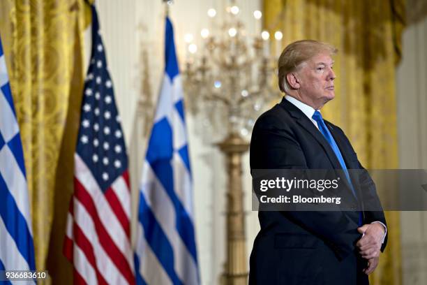 President Donald Trump listens as Archbishop Demetrios of America, elder archbishop of the Greek Orthodox Archdiocese of America, not pictured,...