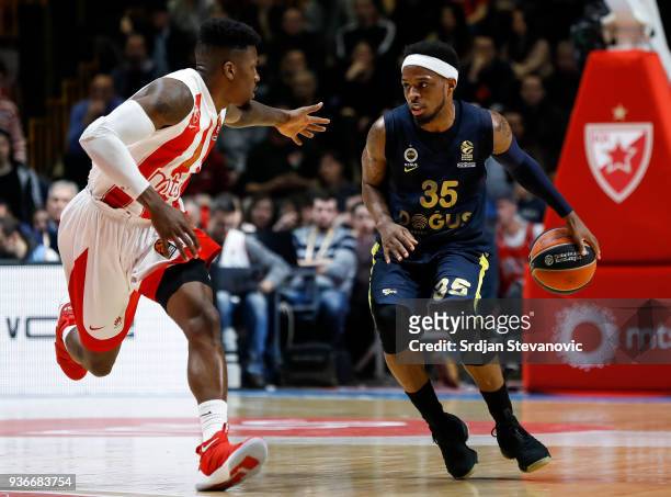 Ali Muhammed of Fenerbahce in action against Dylan Ennis of Crvena Zvezda during the 2017/2018 Turkish Airlines EuroLeague Regular Season game...
